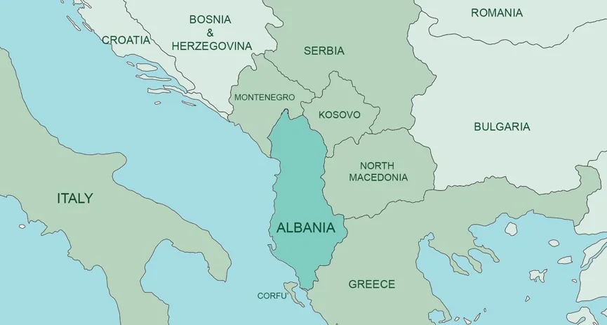 Map of Albania and the surrounding region, showing Albania highlighted among Italy, Croatia, Bosnia & Herzegovina, Montenegro, Kosovo, Serbia, North Macedonia, Bulgaria, Greece and Corfu