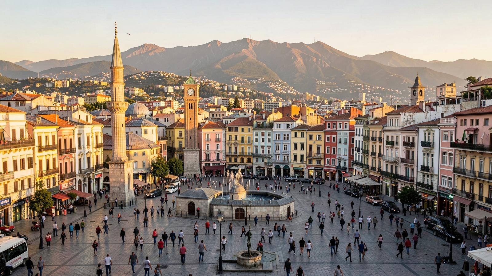 Skanderbeg Square and central Tirana with Mount Dajti beyond