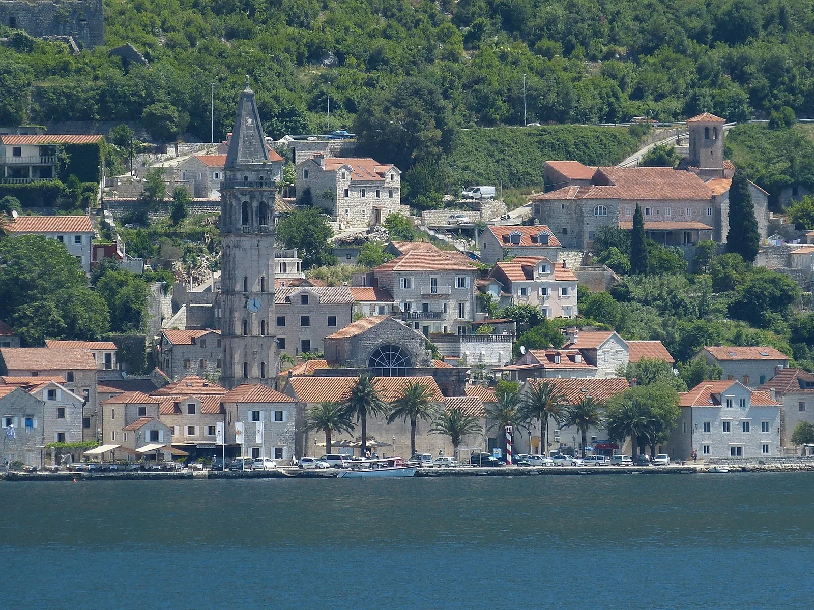 Perast waterfront and bell tower on the Bay of Kotor, Montenegro