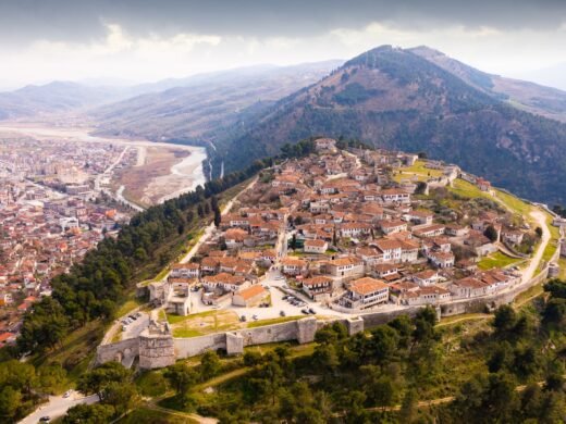 Aerial,Photo,Of,Albanian,City,Berat,With,View,Of,Castle