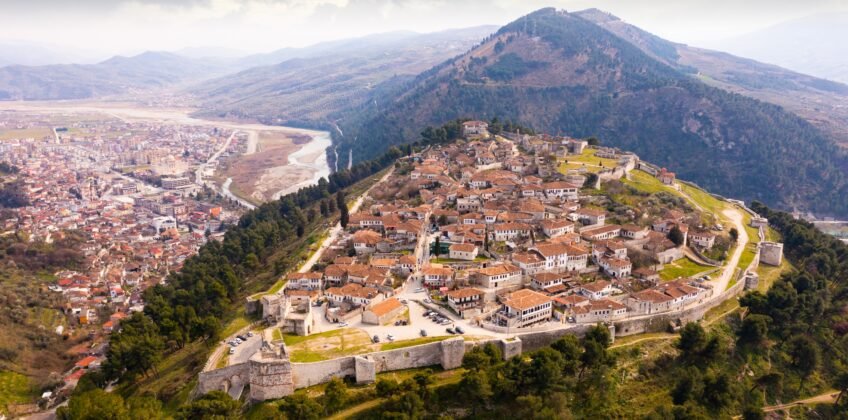 Aerial,Photo,Of,Albanian,City,Berat,With,View,Of,Castle